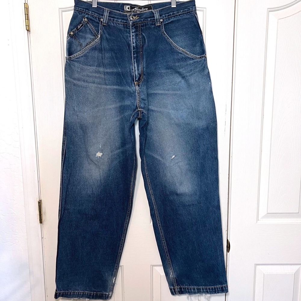 Karl Kani 90s Vintage Wide Baggy Jeans Thrashed Blue Denim Mens 36x34